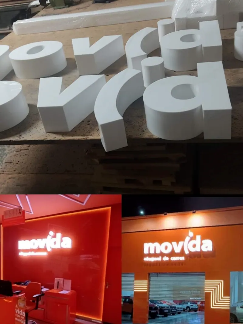 Letras brancas da Movida e a fachada pronta, acesa