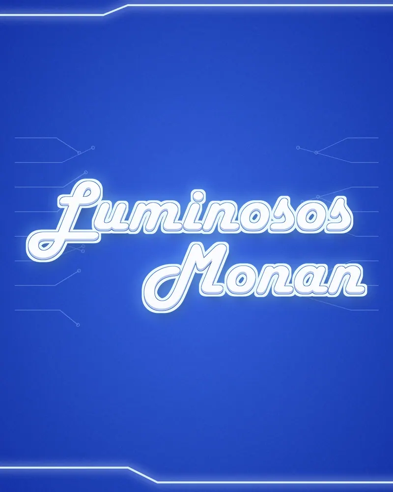 Letreiro aceso com o nome Luminosos Monan em letras cursivas brancas e contorno de LED azul claro, sobre fundo azul com linhas de circuito